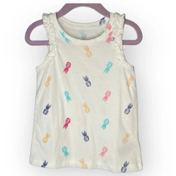 GAP NWT Girls Pineapple Print Ruffled Strap Crewneck Tank White 3 - Picture 1 of 6